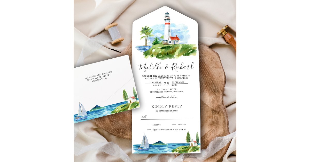 Watercolor Lighthouse Coastal Theme Wedding All In One Invitation | Zazzle