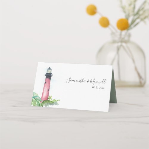 Watercolor Lighthouse Coastal Wedding Place Card