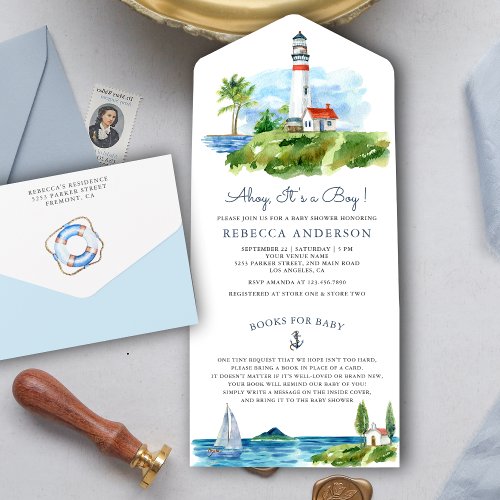 Watercolor Lighthouse Nautical Baby Shower All In One Invitation