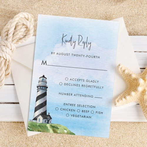Watercolor Lighthouse Nautical Meal Choice Wedding RSVP Card