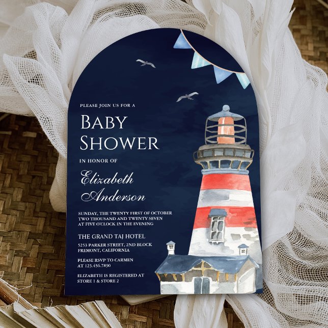 Watercolor Lighthouse Nautical Navy Baby Shower Invitation (Creator Uploaded)