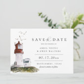 Watercolor Lighthouse Nautical Theme Save The Date Announcement (Standing Front)