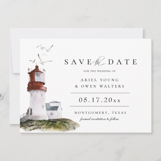 Watercolor Lighthouse Nautical Theme Save The Date Announcement (Front)