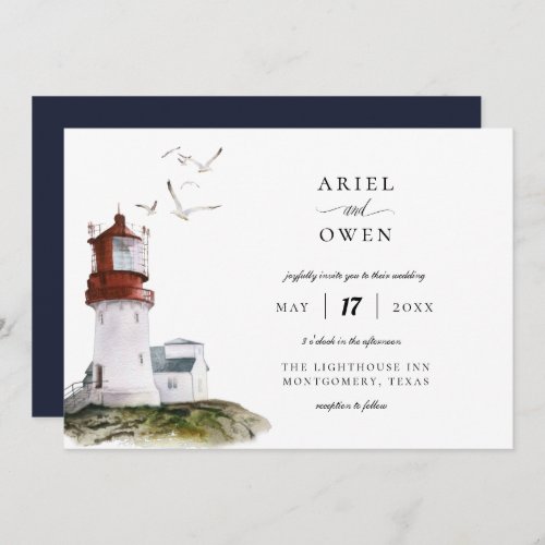 Watercolor Lighthouse Nautical Theme Wedding Invitation