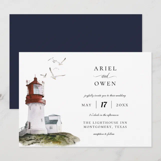 Watercolor Lighthouse Nautical Theme Wedding Invitation | Zazzle