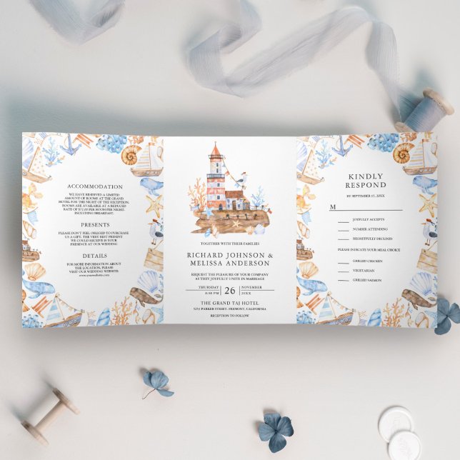 Watercolor Lighthouse Nautical Theme Wedding Tri-Fold Invitation (Creator Uploaded)