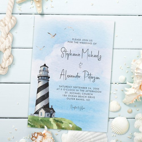Watercolor Lighthouse Nautical Wedding Invitation