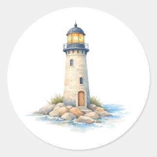 Watercolor Lighthouse on the Rocks  Classic Round Sticker
