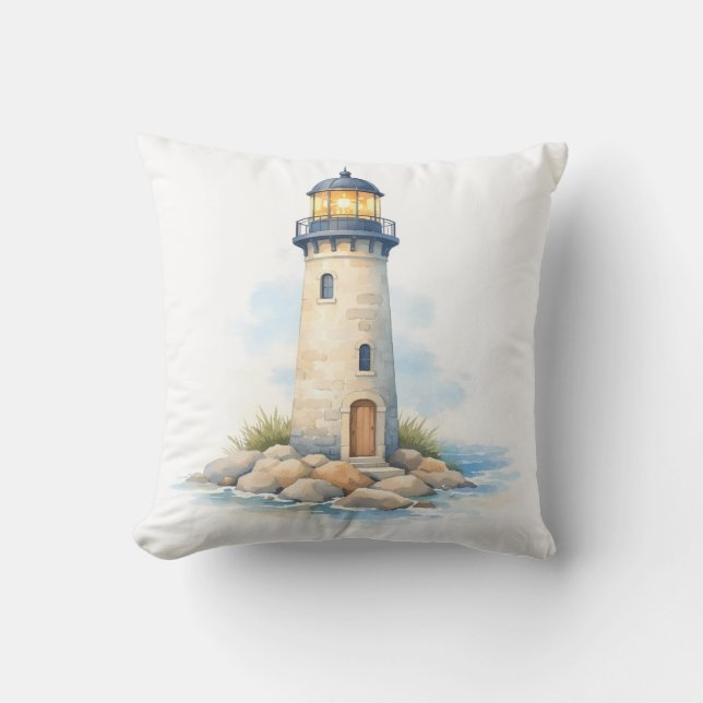 Watercolor Lighthouse on the Rocks  Throw Pillow (Front)