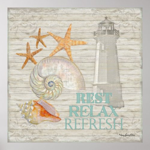 Watercolor Lighthouse Shells _ Beach Cottage Decor