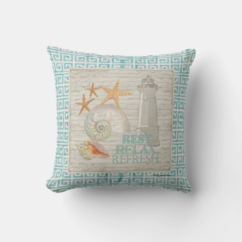 Watercolor Lighthouse Shells _ Beach Cottage dcor Throw Pillow