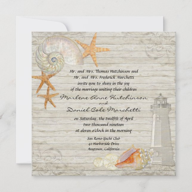 Watercolor Lighthouse Shells Beach Cottage Wedding Invitation (Front)