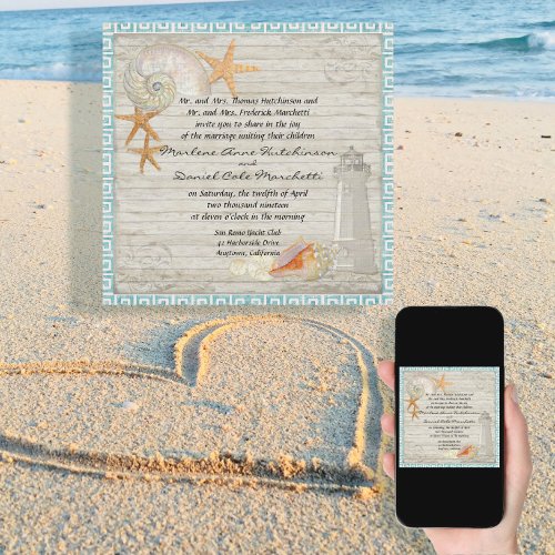 Watercolor Lighthouse Shells Beach Cottage Wedding Invitation