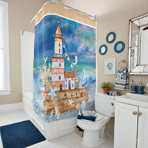 Watercolor lighthouse shower curtain