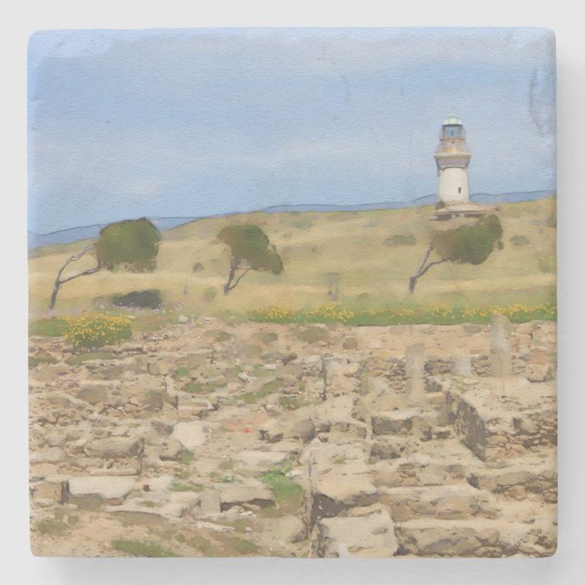 Watercolor lighthouse stone coaster (Front)