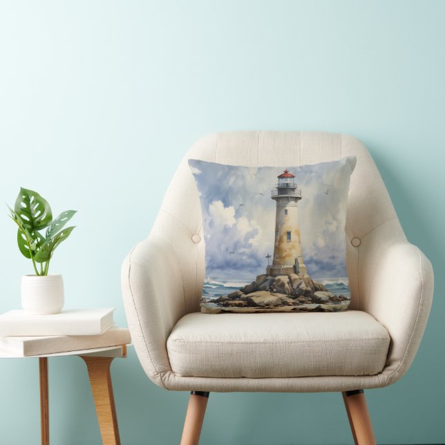 Watercolor Lighthouse Throw Pillow (Chair)