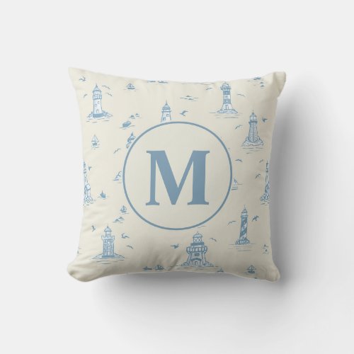 Watercolor Lighthouse Toile Nursery | Monogram Throw Pillow