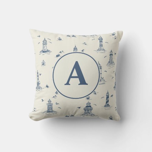 Watercolor Lighthouse Toile Nursery | Monogram Throw Pillow