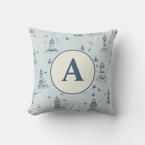 Watercolor Lighthouse Toile Nursery | Monogram Throw Pillow