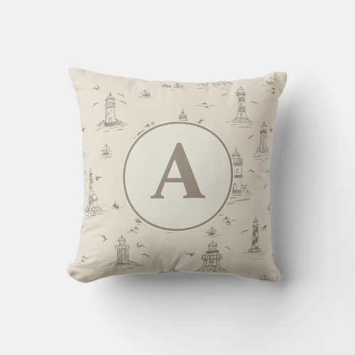Watercolor Lighthouse Toile Nursery | Monogram Throw Pillow