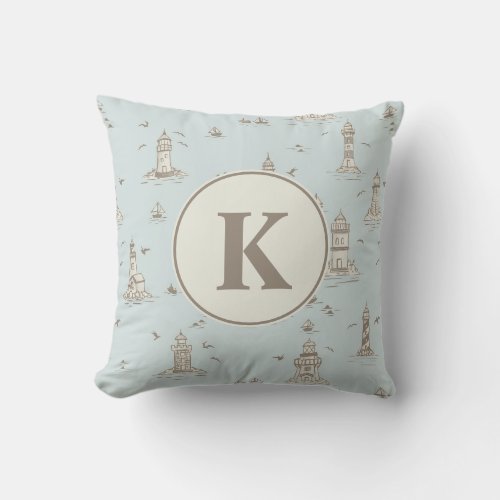 Watercolor Lighthouse Toile Nursery | Monogram Throw Pillow
