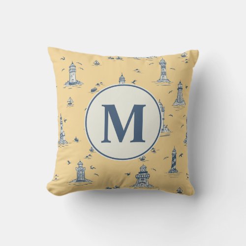 Watercolor Lighthouse Toile Nursery | Monogram Throw Pillow