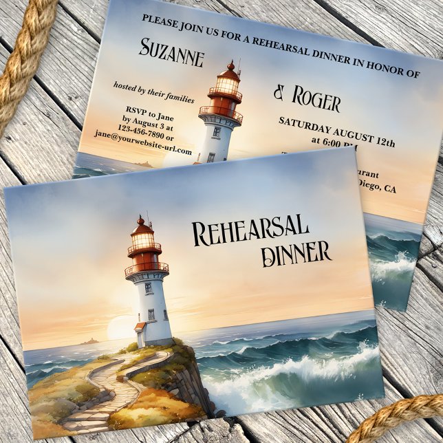 Watercolor Lighthouse Wedding Rehearsal Dinner Invitation (Nautical Rehearsal Dinner invitation featuring a watercolor painting of a lighthouse at sunset)