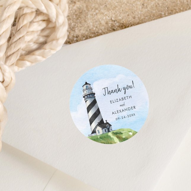 Watercolor Lighthouse Wedding Thank You Classic Round Sticker (Creator Uploaded)