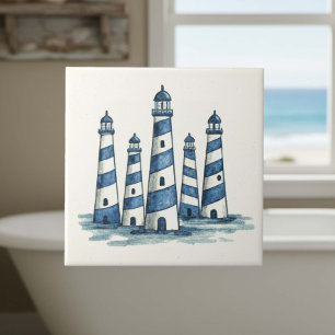 Watercolor Lighthouses Blue Ivory ID1202 Ceramic Tile