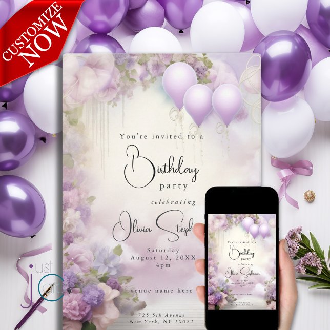 Watercolor Lilac Blooms and Balloons  QR Birthday  Invitation (Easy to customize text )