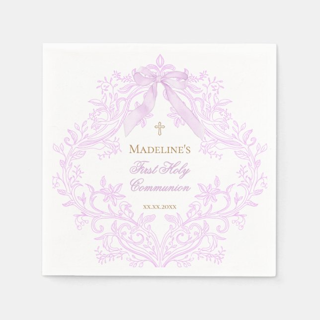 watercolor lilac crest First Holy Communion Napkins (Front)