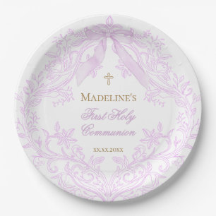 watercolor lilac crest First Holy Communion Paper Plates