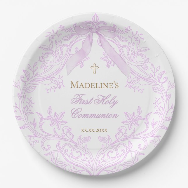 watercolor lilac crest First Holy Communion Paper Plates (Front)
