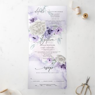 Watercolor Lilac and silver ALL IN ONE WEDDING Tri-Fold Invitation