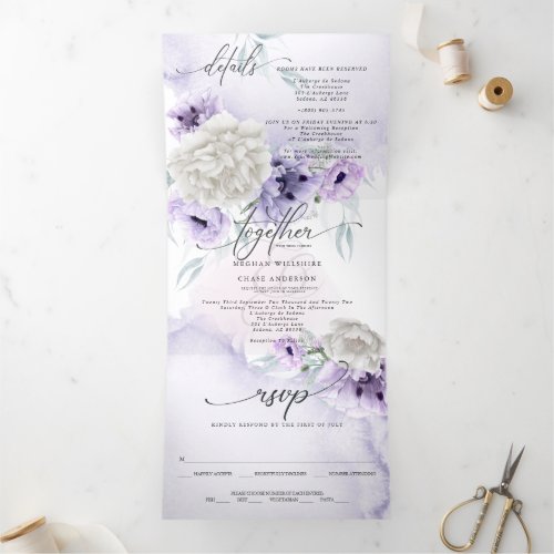 Watercolor Lilac Floral ALL IN ONE WEDDING Tri_Fold Invitation