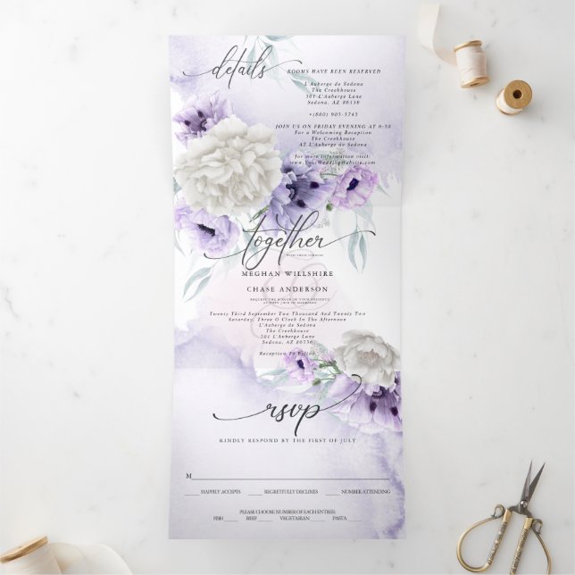 Watercolor Lilac Floral ALL IN ONE WEDDING Tri-Fold Invitation (Inside)