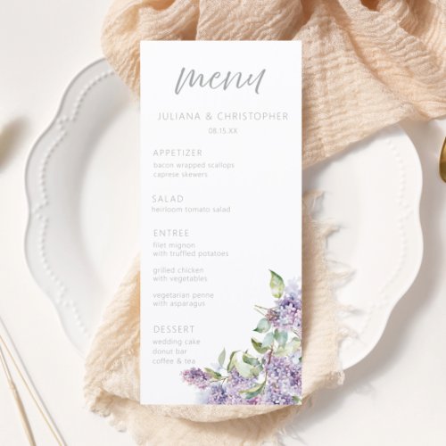 Watercolor Lilac Floral Wedding Menu Card