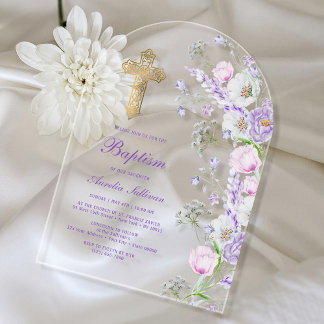Watercolor Lilac Flowers Arch Baptism Acrylic Invitations
