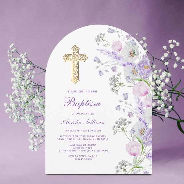 Watercolor Lilac Flowers Arch Baptism Invitation (Creator Uploaded)