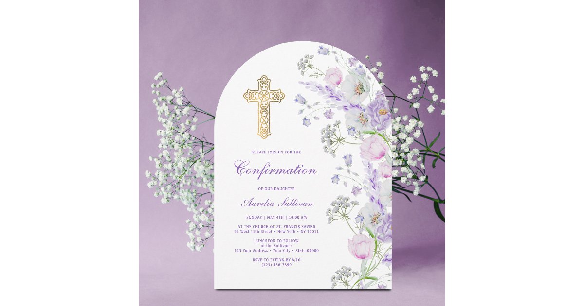 Watercolor Lilac Flowers Arch Confirmation Invitation | Zazzle