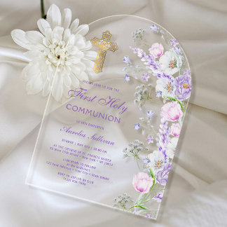 Watercolor Lilac Flowers Arch First Communion Acrylic Invitations
