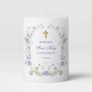 Watercolor Lilac Flowers Arch First Communion Pillar Candle