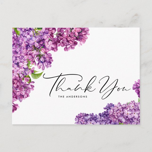 Watercolor Lilac Flowers Botanical Thank You Postcard (Front)