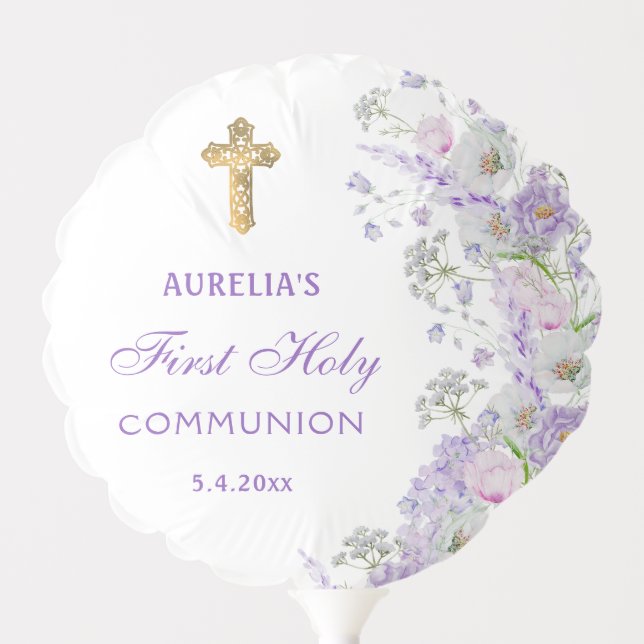 Watercolor Lilac Flowers First Communion Balloon (Front)