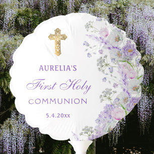 Watercolor Lilac Flowers First Communion Balloon