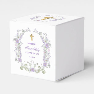 Watercolor Lilac Flowers First Communion Cube Favor Boxes