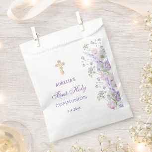 Watercolor Lilac Flowers First Communion Favor Bag