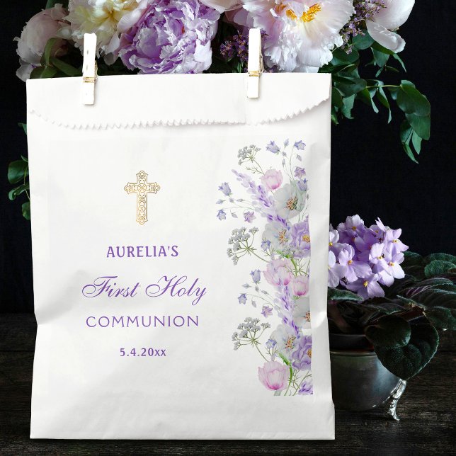 Watercolor Lilac Flowers First Communion Favor Bag (Creator Uploaded)