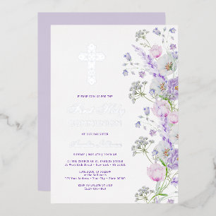 Watercolor Lilac Flowers First Communion Foil Invitation