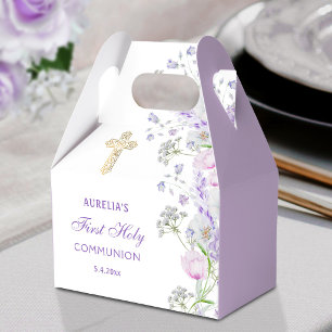 Watercolor Lilac Flowers First Communion Gable Favor Boxes